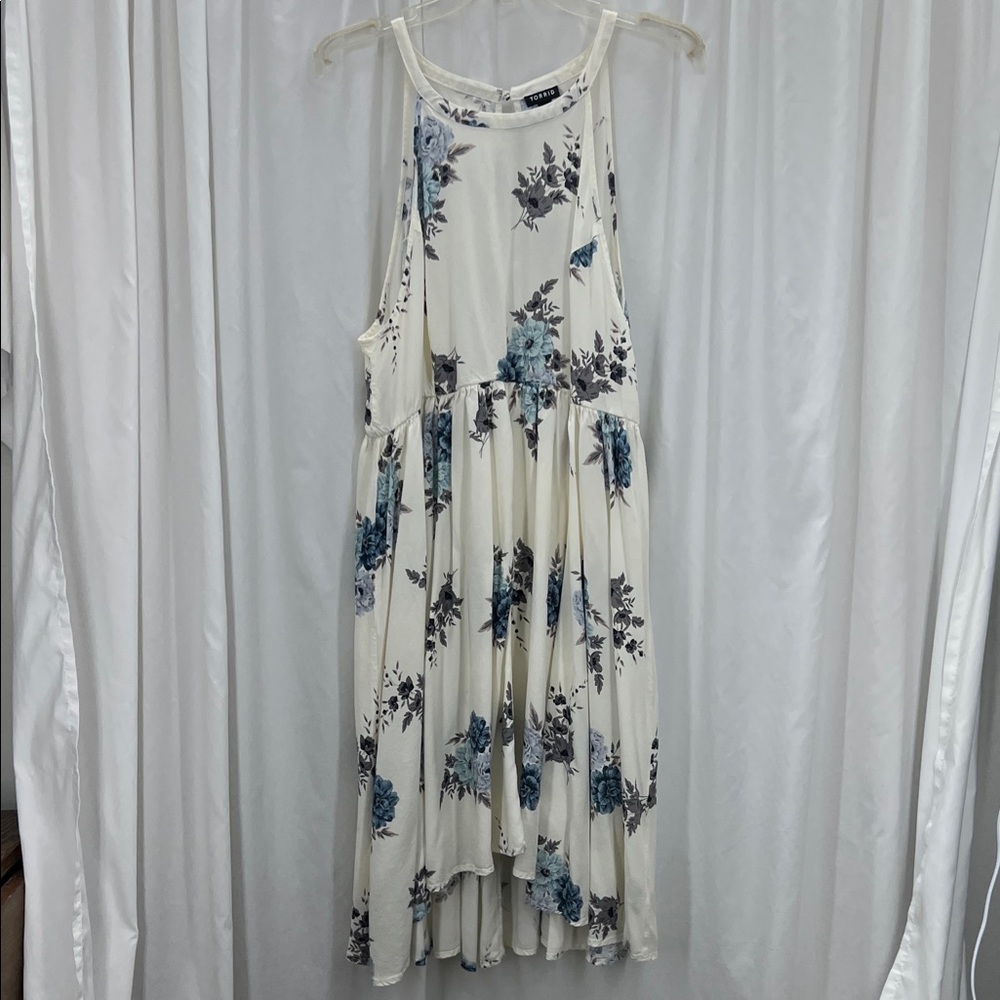 Torrid Floral Midi Dress Cream Blue S 1X 14/16 Sleeveless Cottagecore Feminine